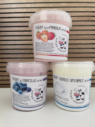 Tre vasetti di yogurt dell'Azienda Agricola Loncrini Margherita su uno sfondo ligneo, con gusti fragola, mirtillo e bianco naturale.